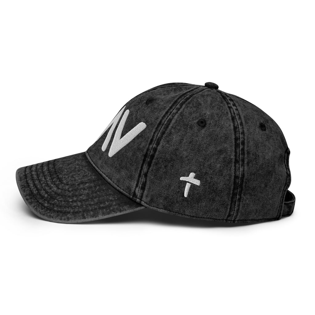 Christian Embroidered Hat in black denim with stylish lettering and a casual design