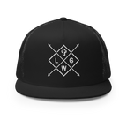 Christian Embroidered Hat in black featuring a geometric design with arrows and a cross