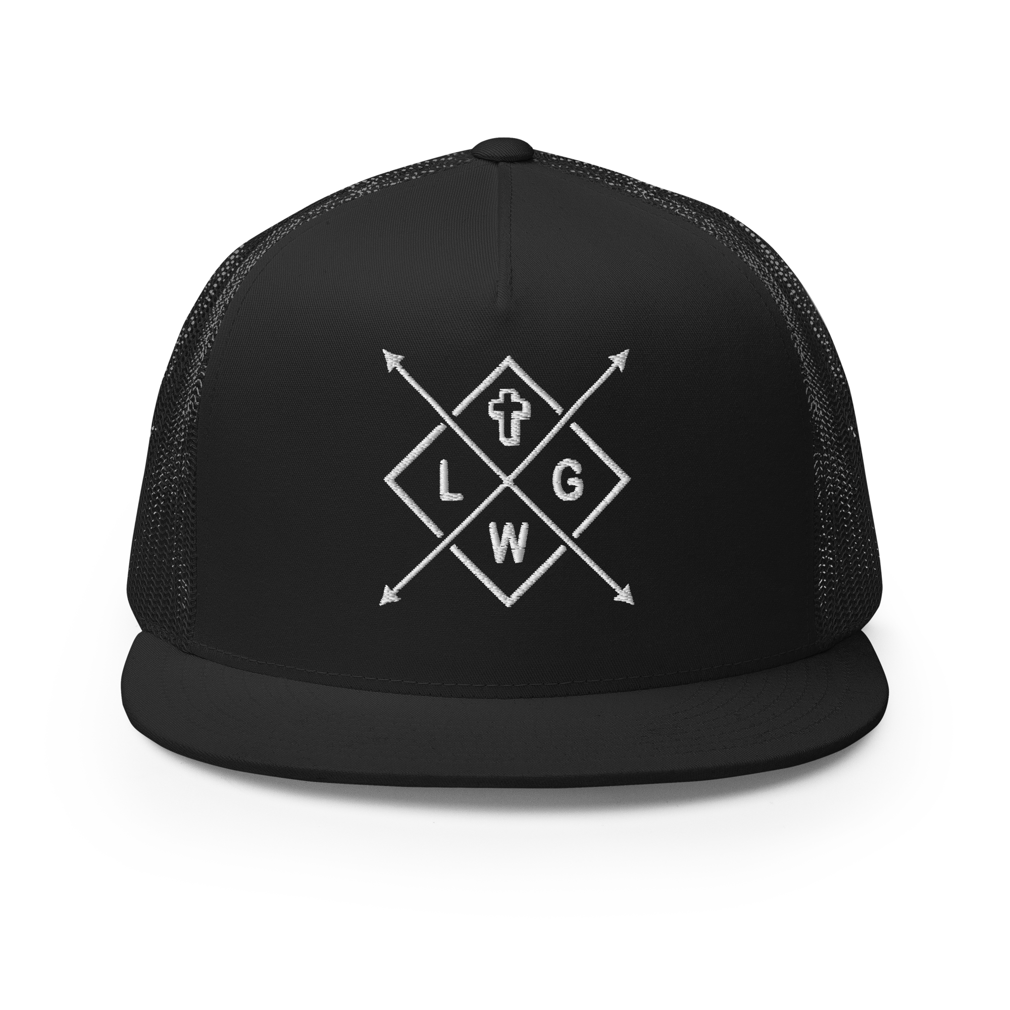 Christian Embroidered Hat in black featuring a geometric design with arrows and a cross