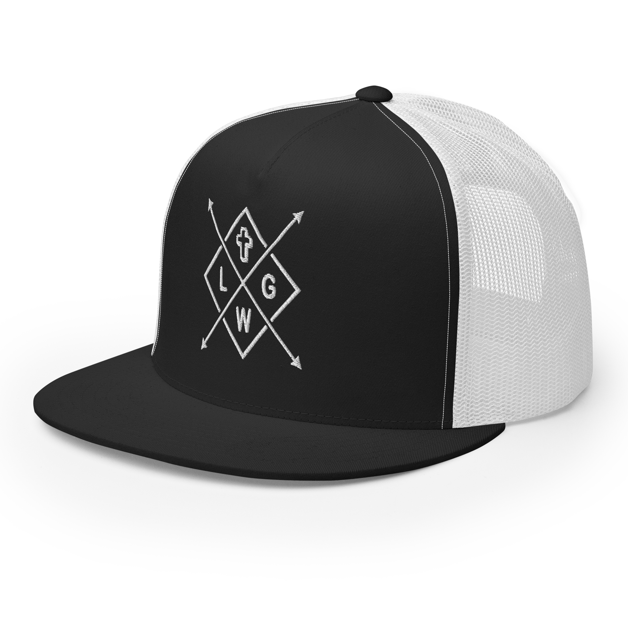 Christian Embroidered Hat in black and white with unique graphic design and breathable mesh