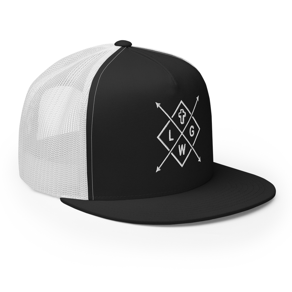 Christian Embroidered Hat featuring a black front and white mesh back with a stylish logo design