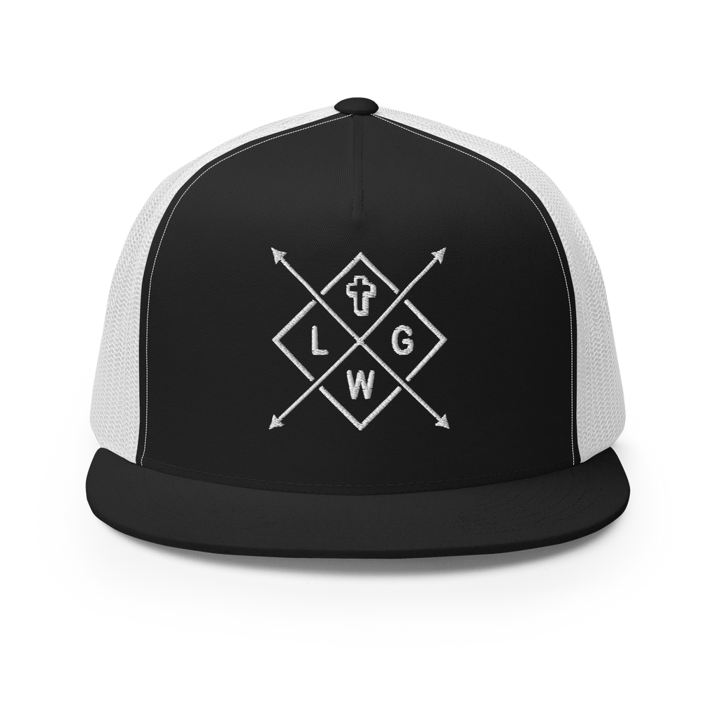 Christian Embroidered Hat in black with white geometric design and cross symbol