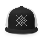 Christian Embroidered Hat in black with white geometric design and cross symbol