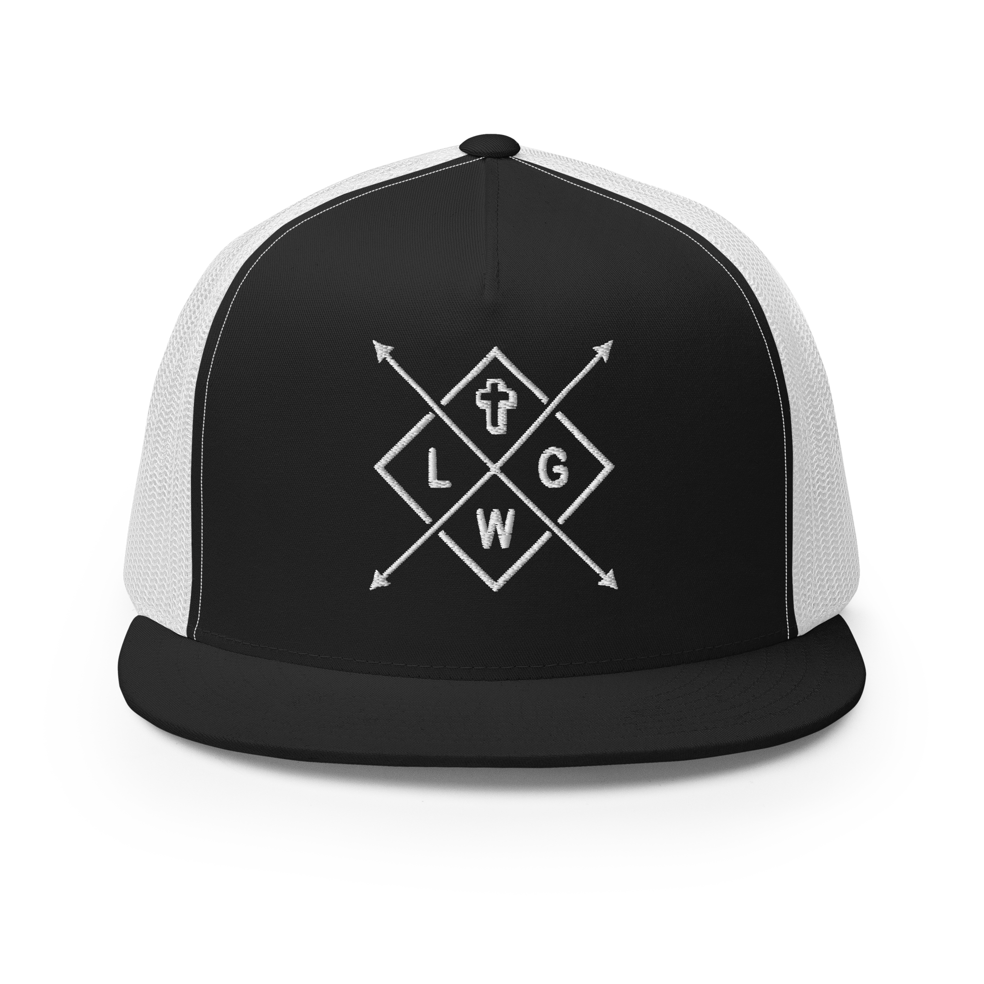 Christian Embroidered Hat in black with white geometric design and cross symbol