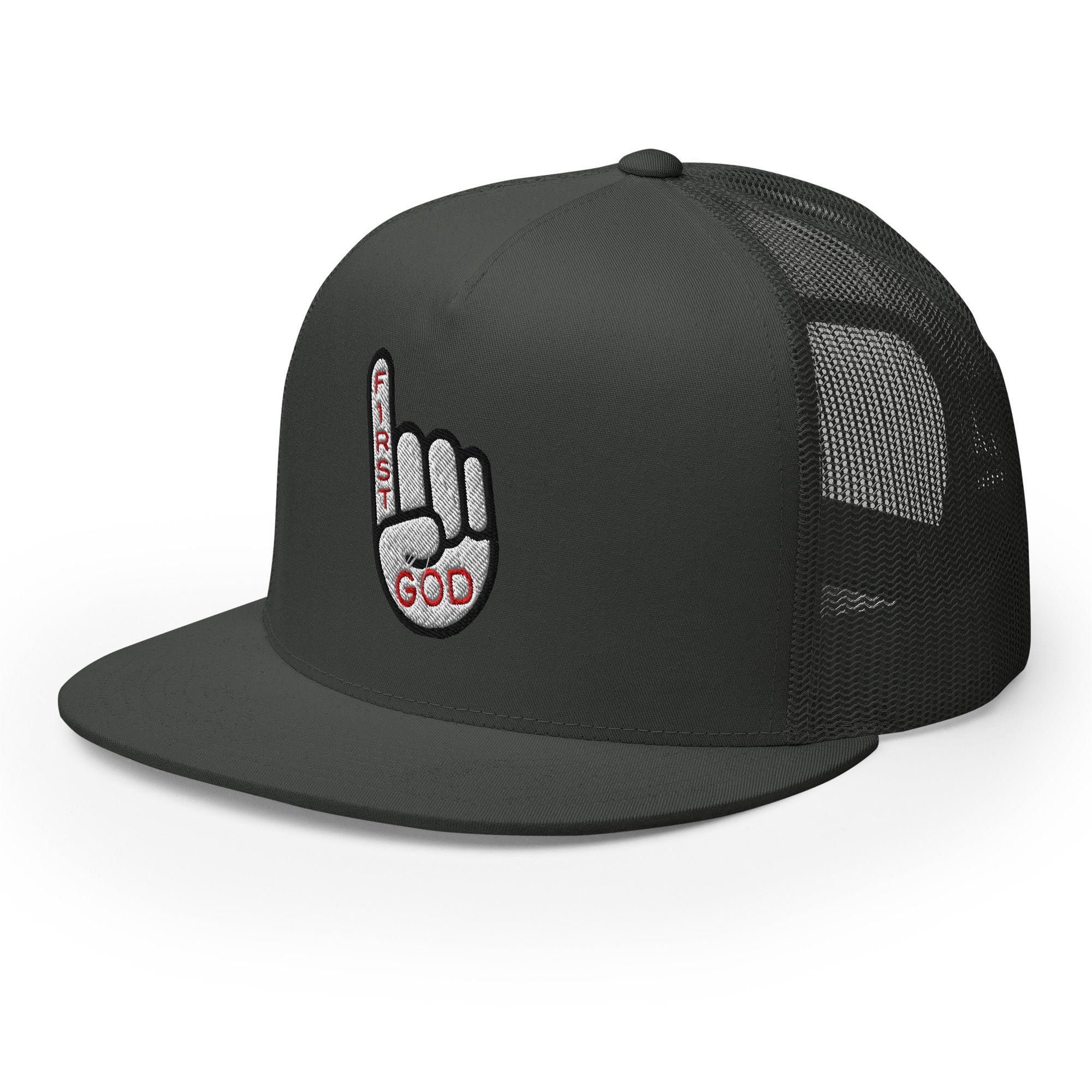 Christian Embroidered Hat featuring a hand design and the words First God on a black snapback cap
