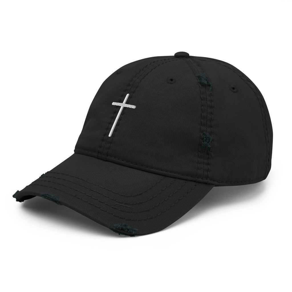Rep The One Christian Embroidered Hat in black with distressed details and silver cross design