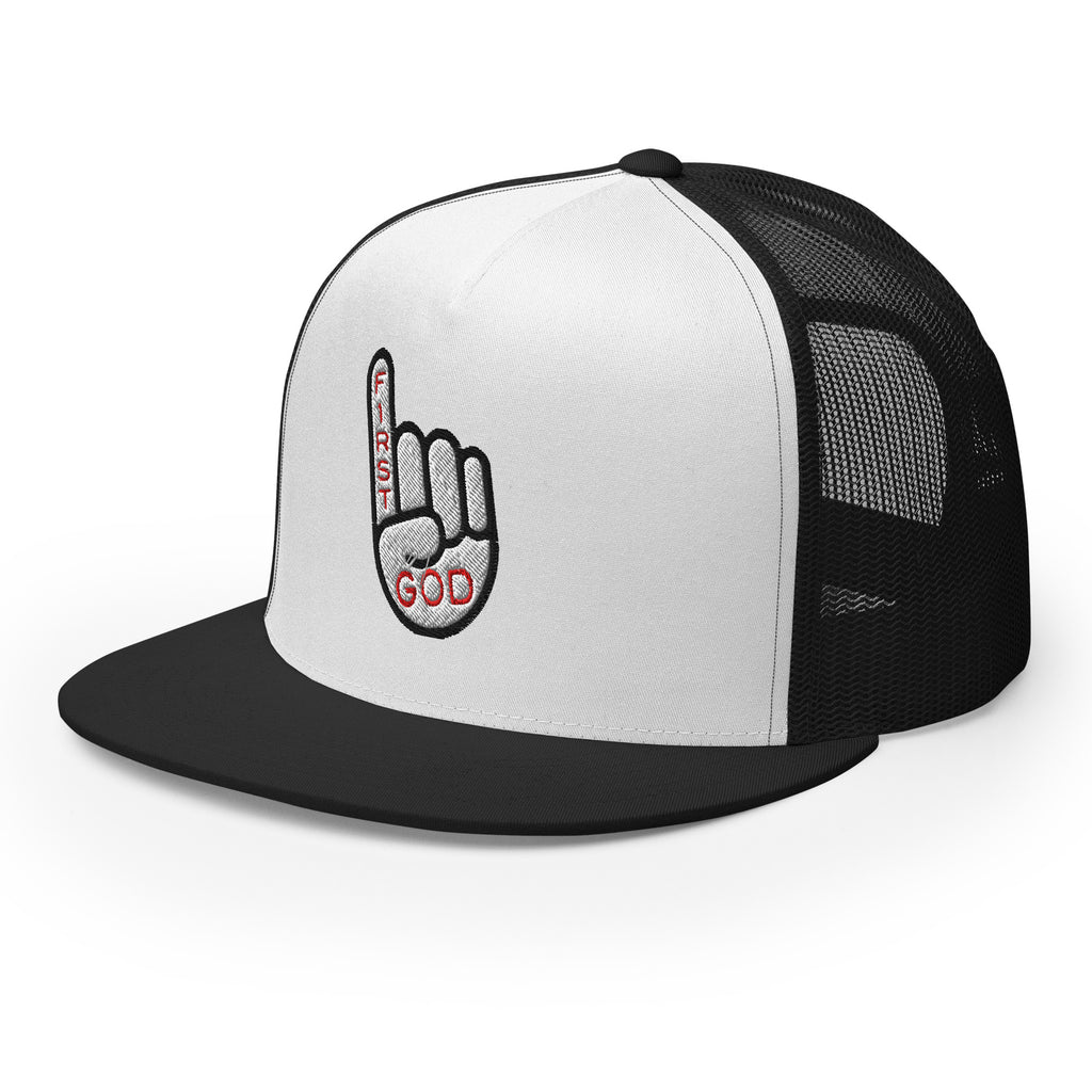 Christian Embroidered Hat with 'First God' design and a stylish black and white color scheme