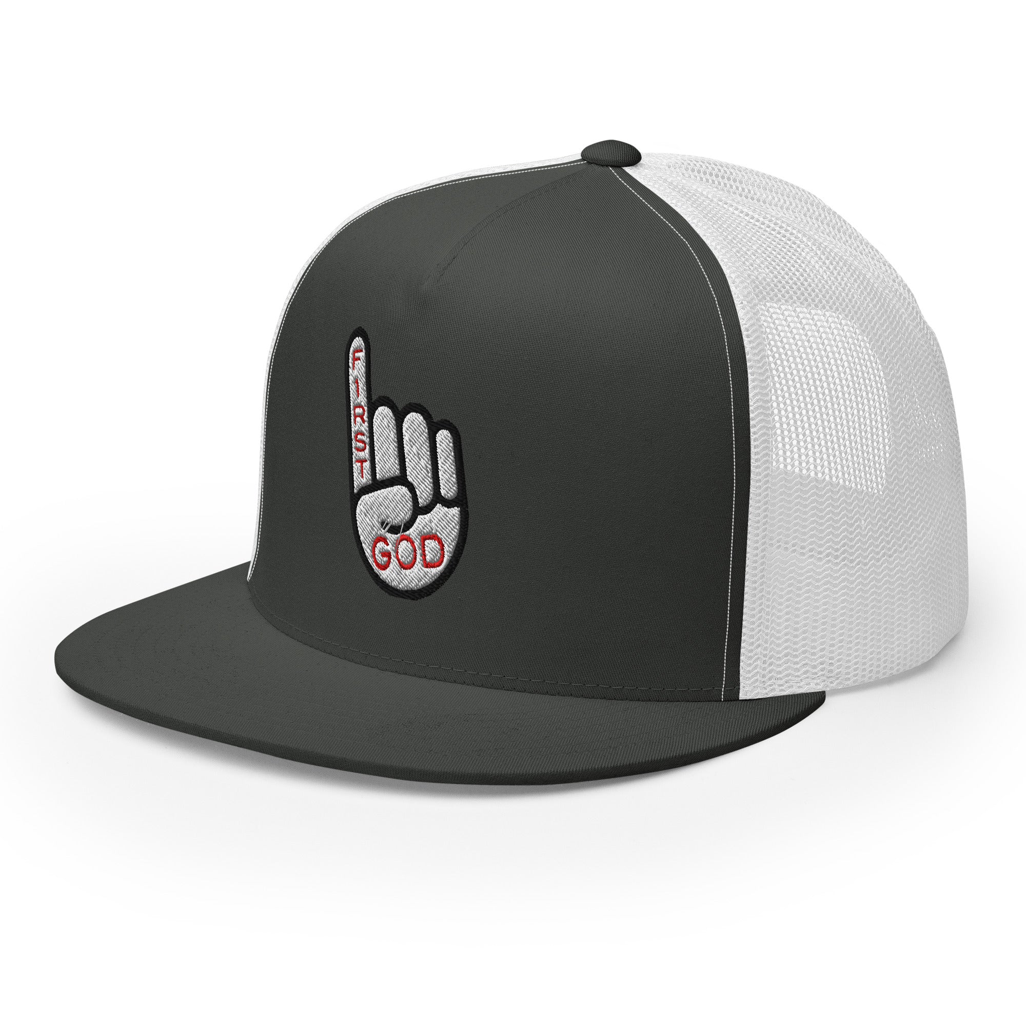 Christian Embroidered Hat with Black Front and White Mesh Back featuring First God Design