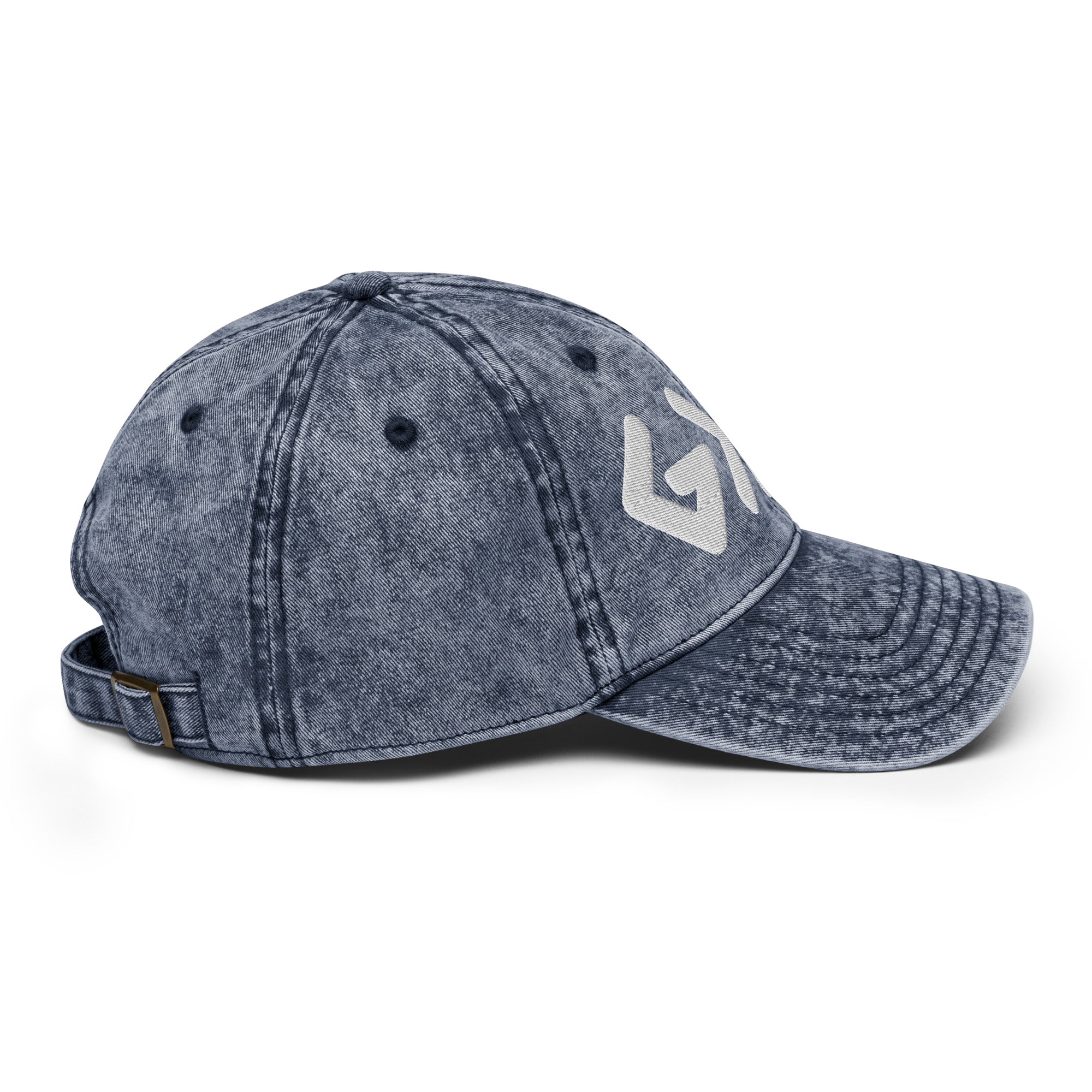 Christian Embroidered Hat in vintage blue denim style with adjustable strap for a casual look