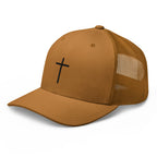 Christian Embroidered Hat in brown with a black cross design on the front panel