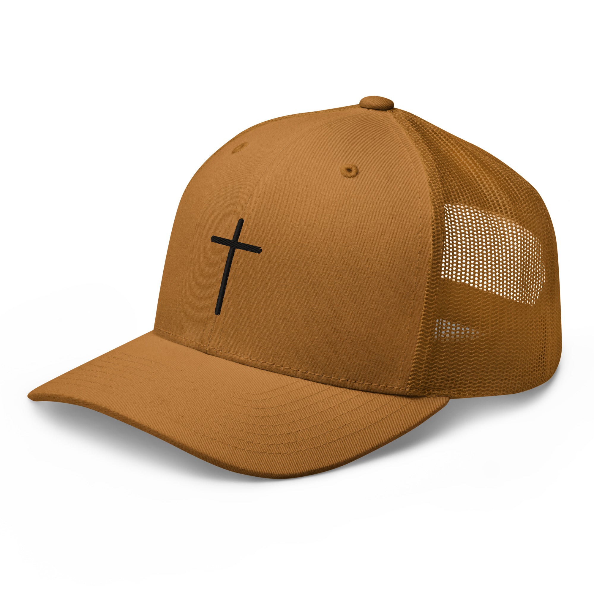 Christian Embroidered Hat in brown with a black cross design on the front panel