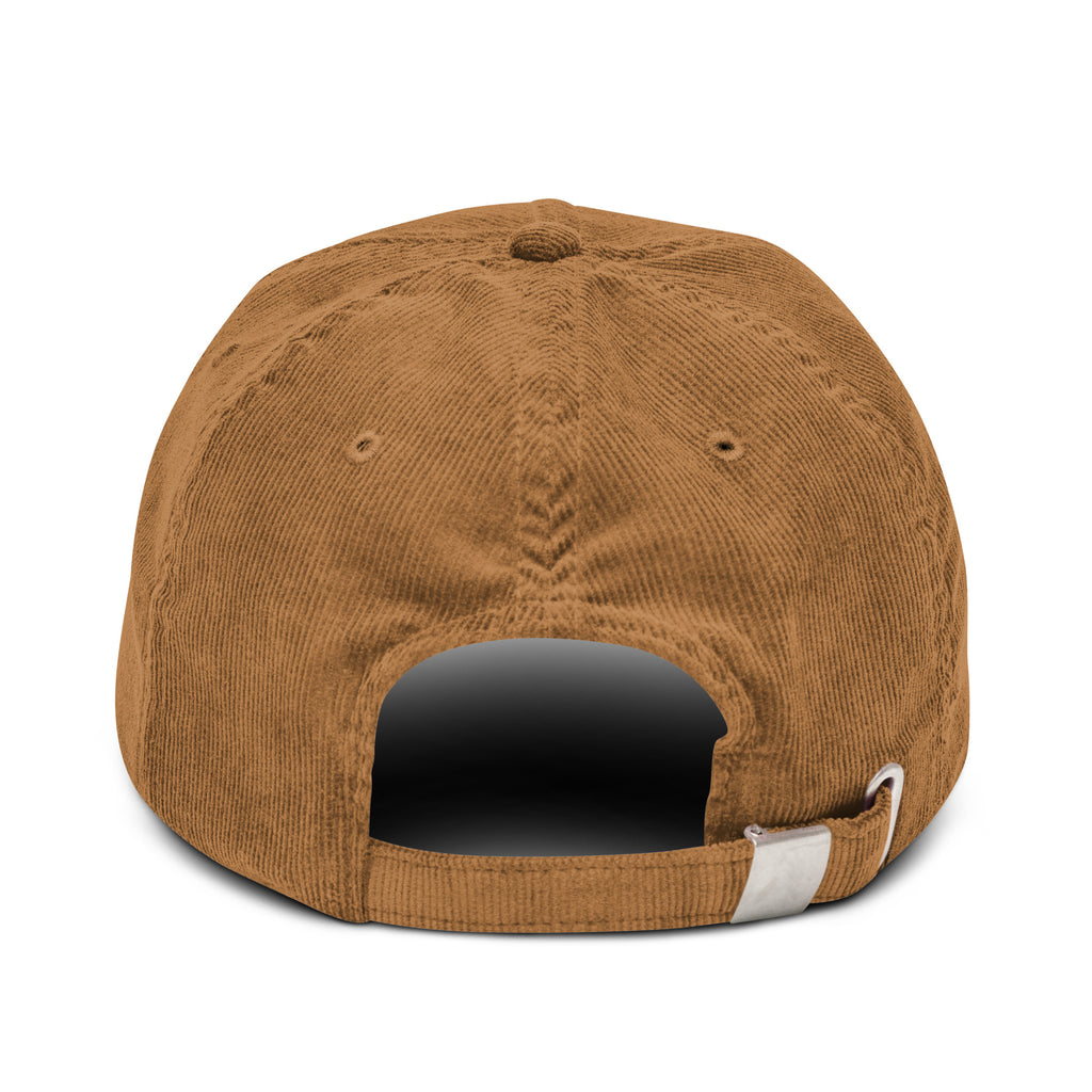 Back view of a brown Christian Embroidered Hat featuring adjustable strap and corduroy material