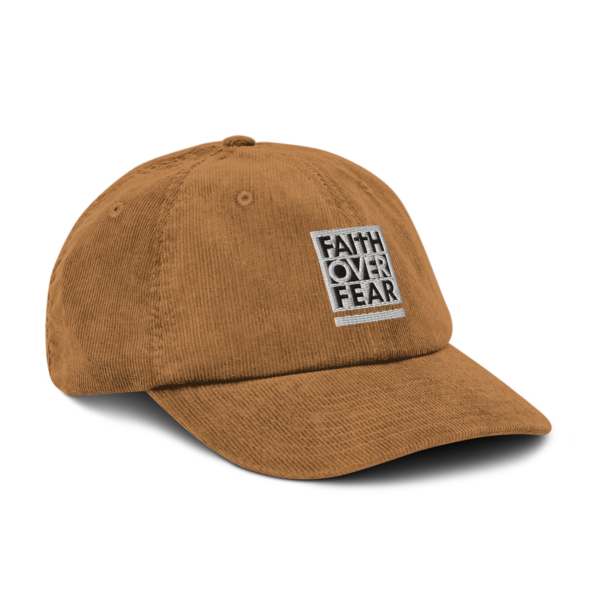 Christian Embroidered Hat in brown corduroy with a 'Faith Over Fear' design on the front