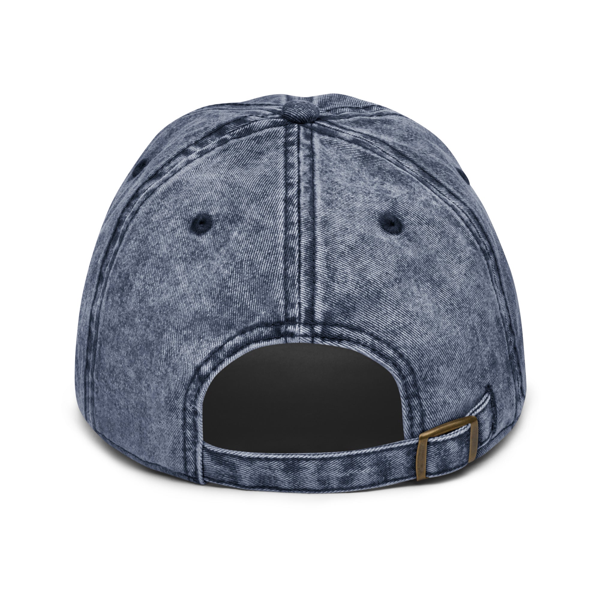 Back view of a Christian Embroidered Hat with denim fabric and adjustable strap for a comfortable fit