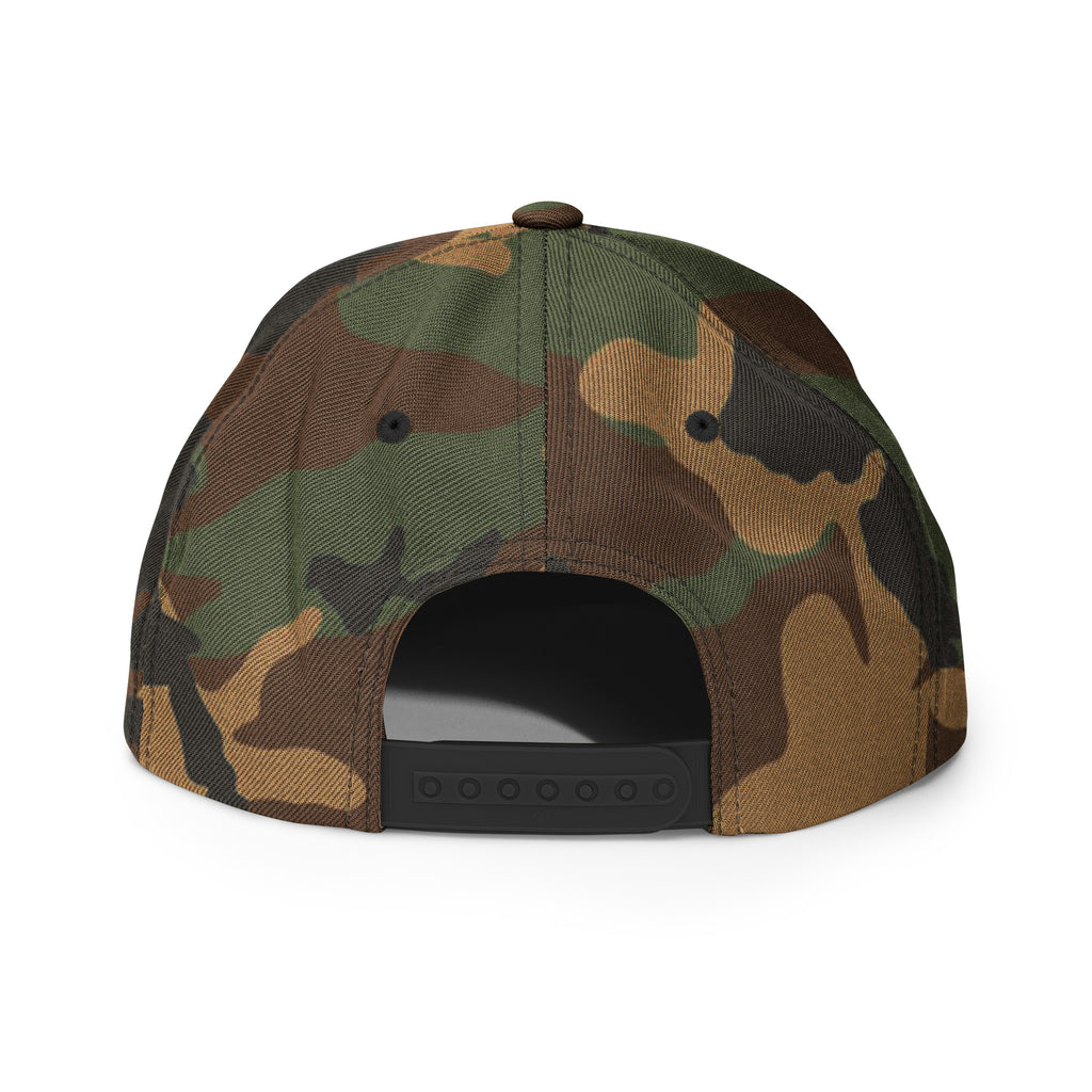 Back view of a Christian Embroidered Hat in camo pattern with adjustable strap for a perfect fit