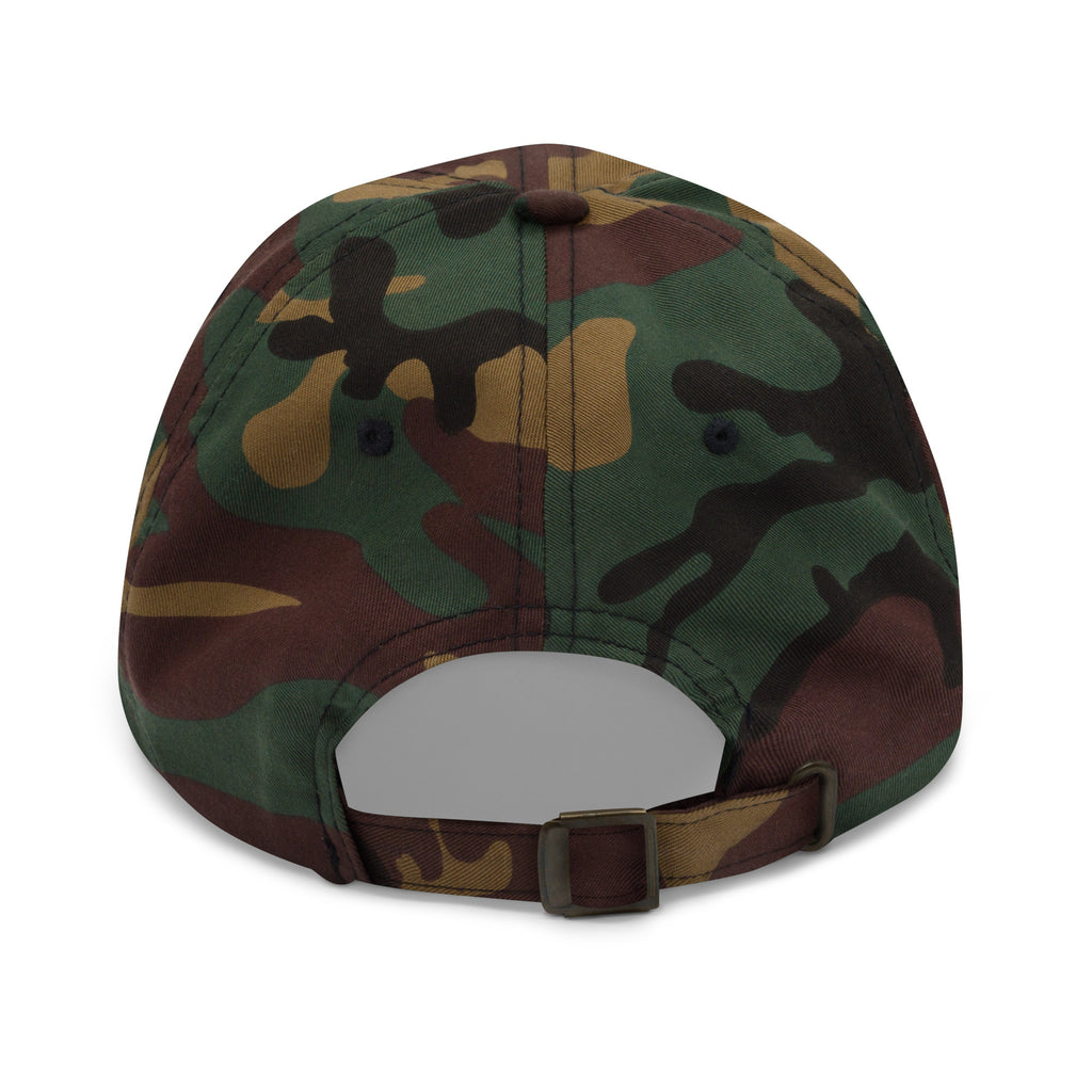 Back view of a camo Christian Embroidered Hat with adjustable strap for a comfortable fit