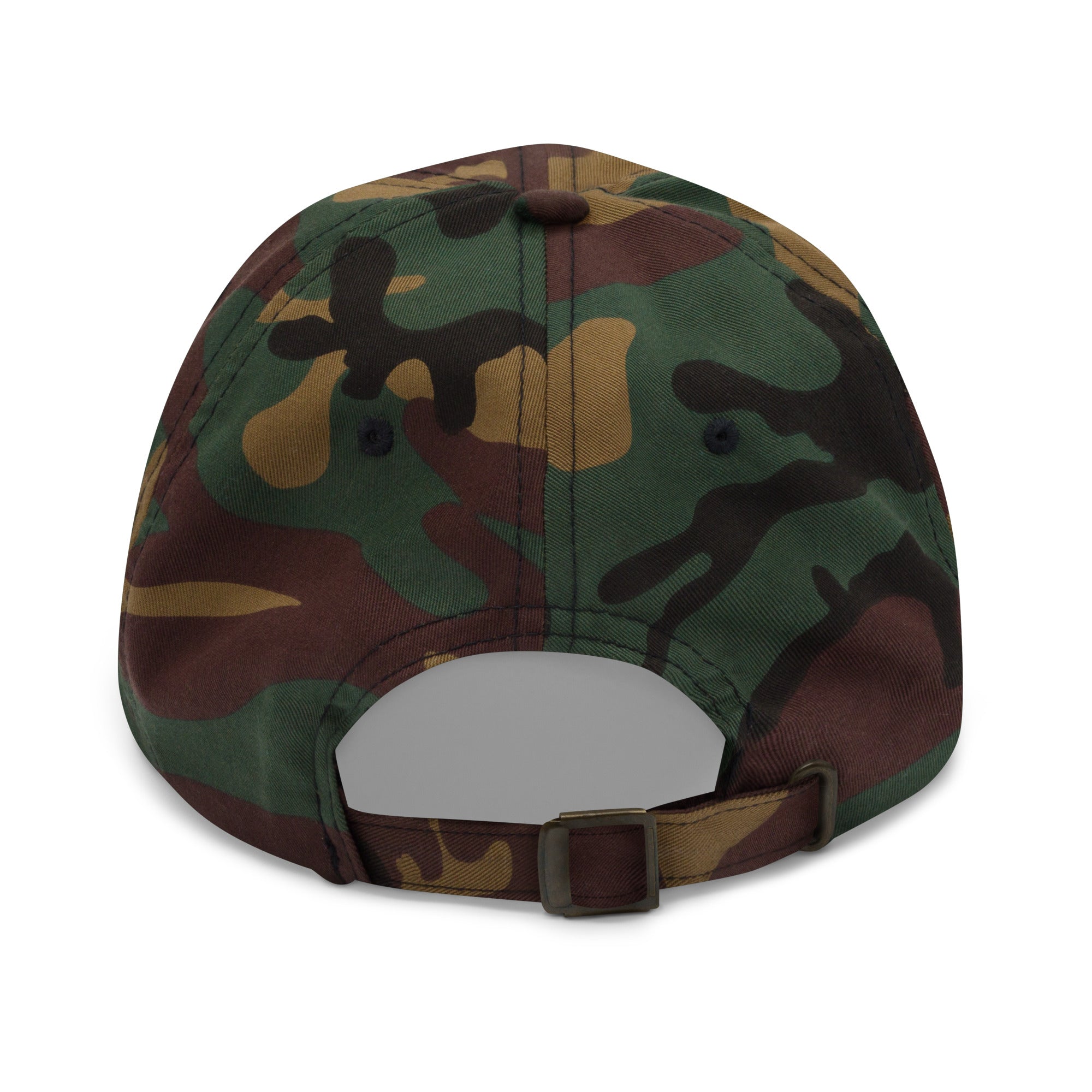 Back view of a camo Christian Embroidered Hat with adjustable strap for a comfortable fit