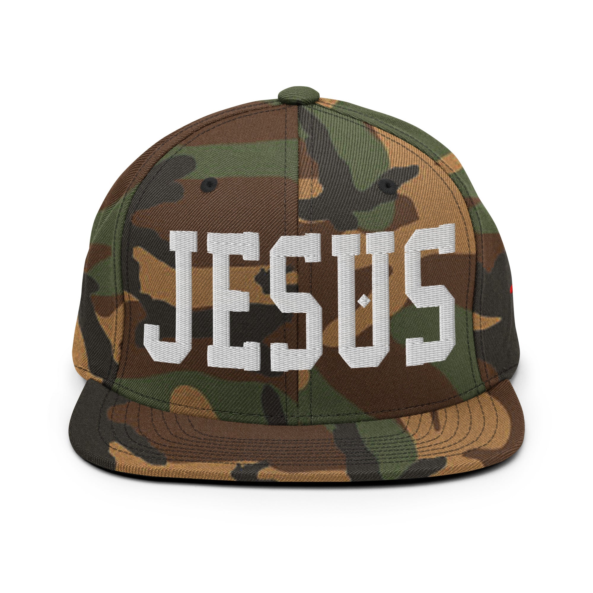 Christian Embroidered Hat in Camo with Bold 'JESUS' Text for Faith-Based Style