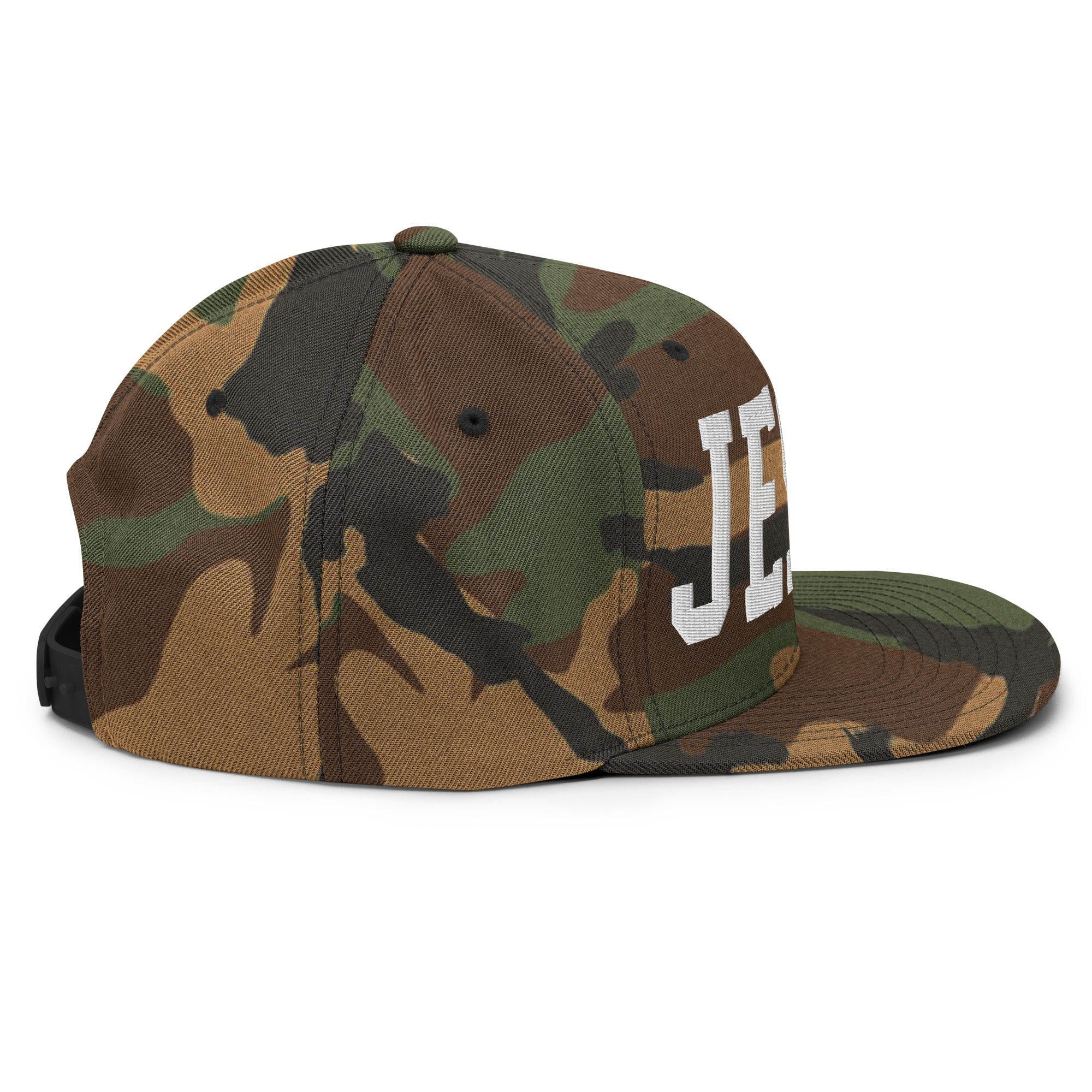 Christian Embroidered Hat in camo design featuring the word JESUS for stylish faith expression