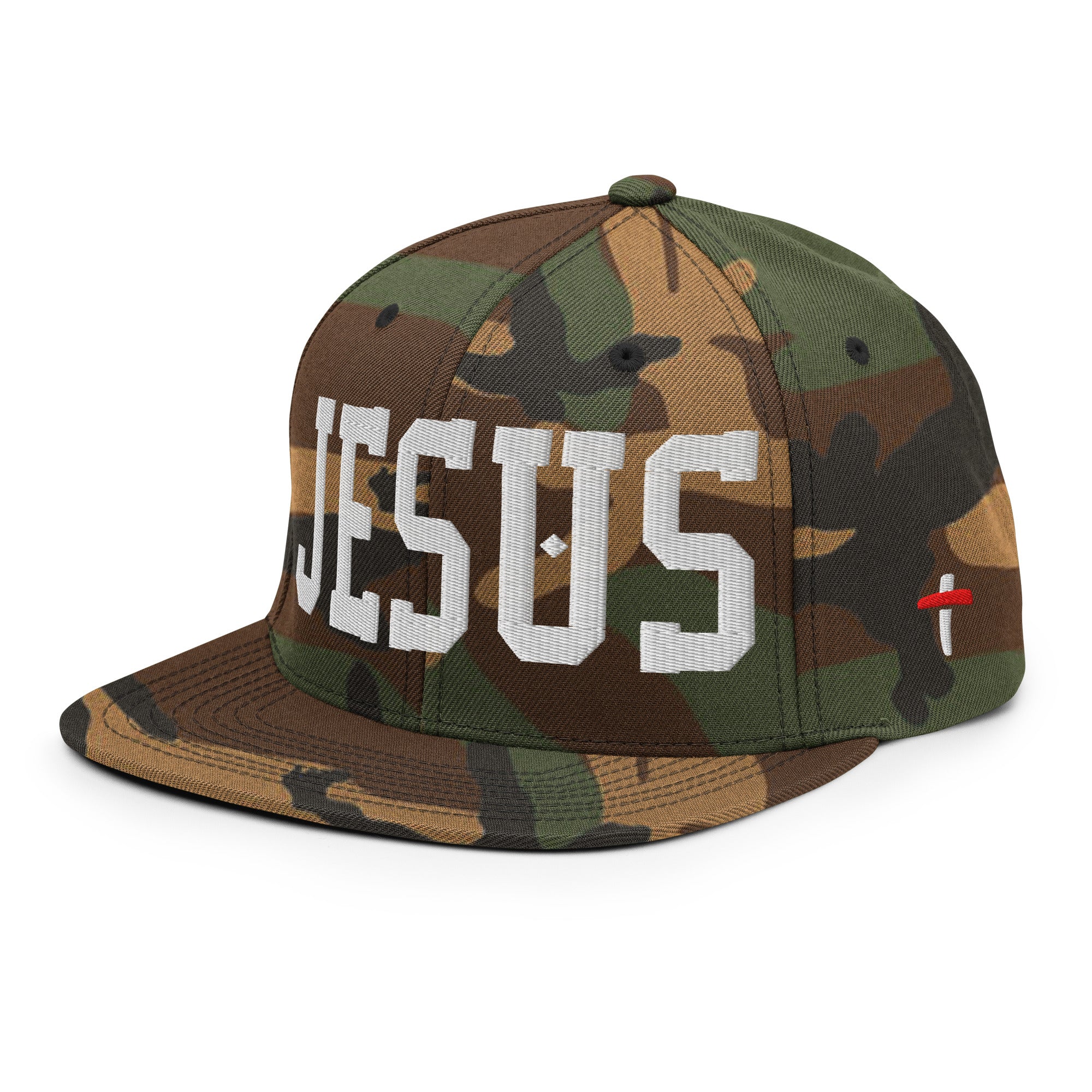 Christian Embroidered Hat featuring a camouflage design and bold JESUS text for stylish believers