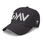 Christian Embroidered Hat in black featuring white embroidered text and cross design