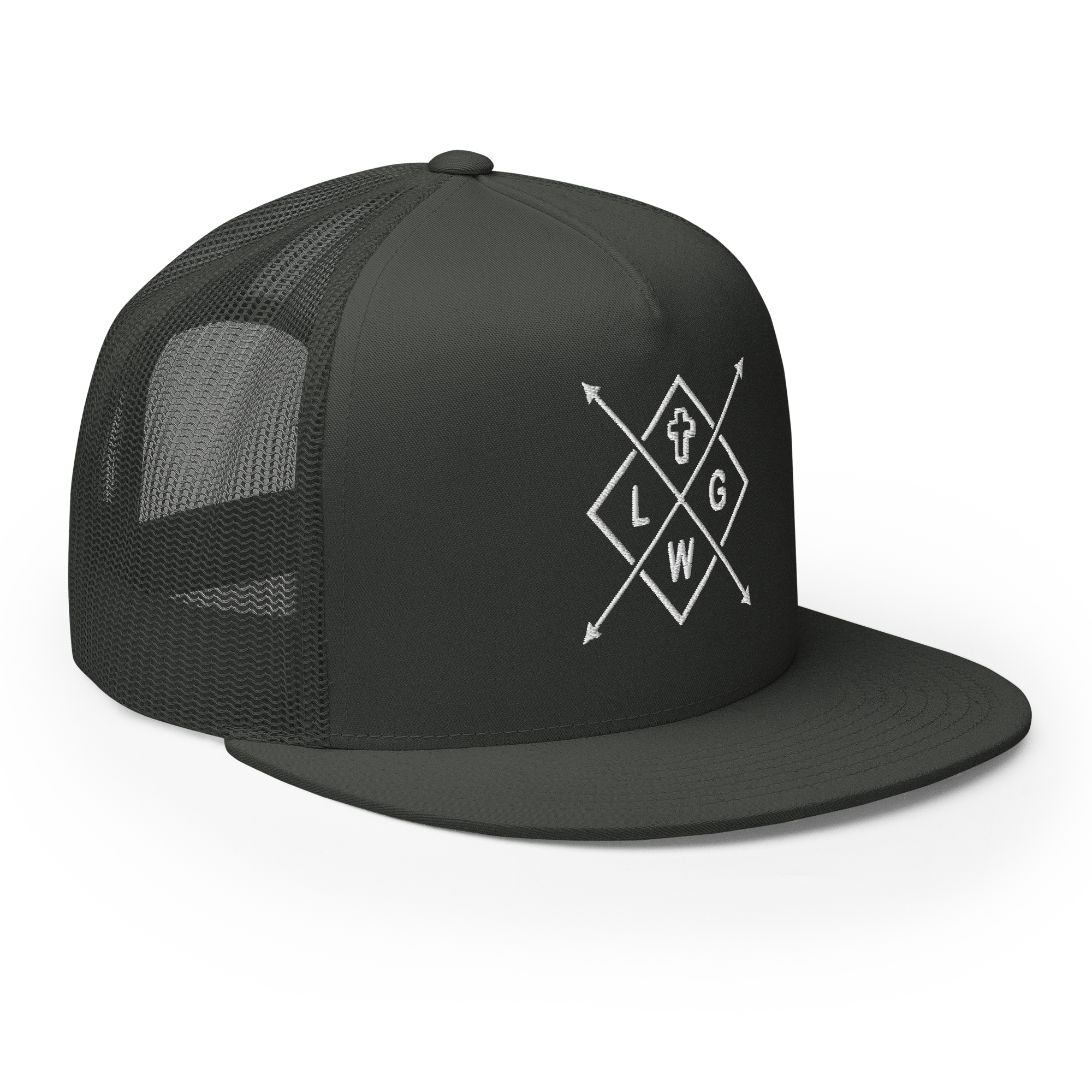 Christian Embroidered Hat in black with geometric logo design for stylish faith expression