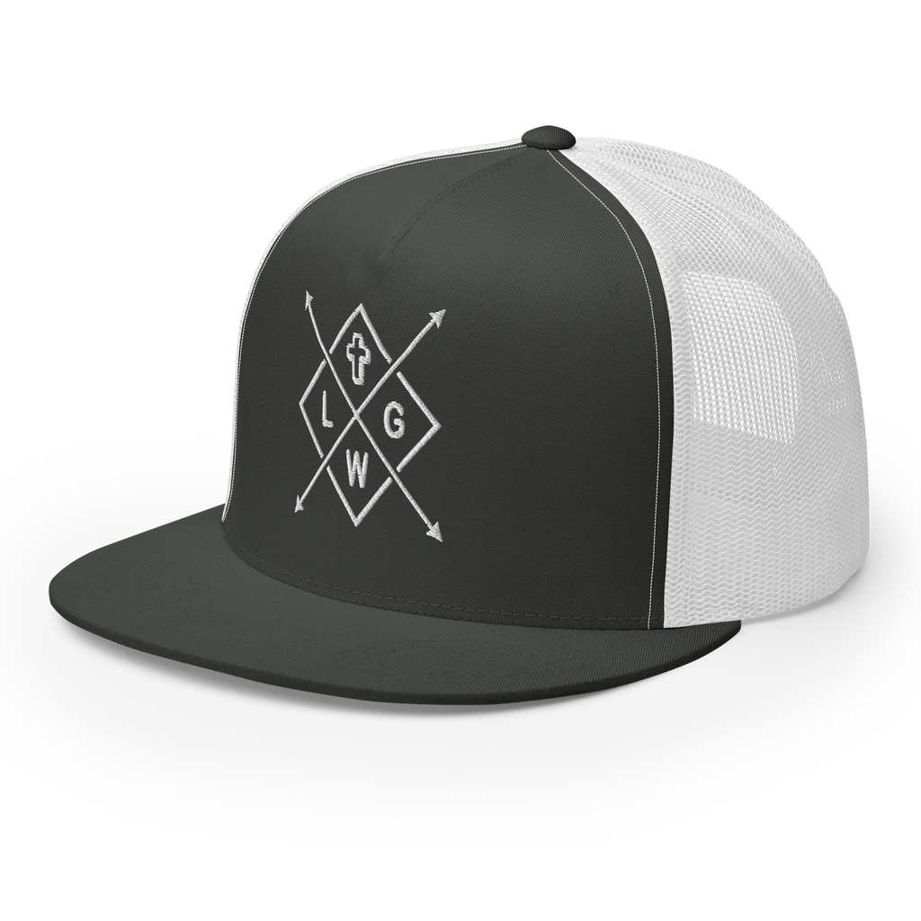 Christian Embroidered Hat with a stylish design featuring cross and arrow graphics on a black and white cap