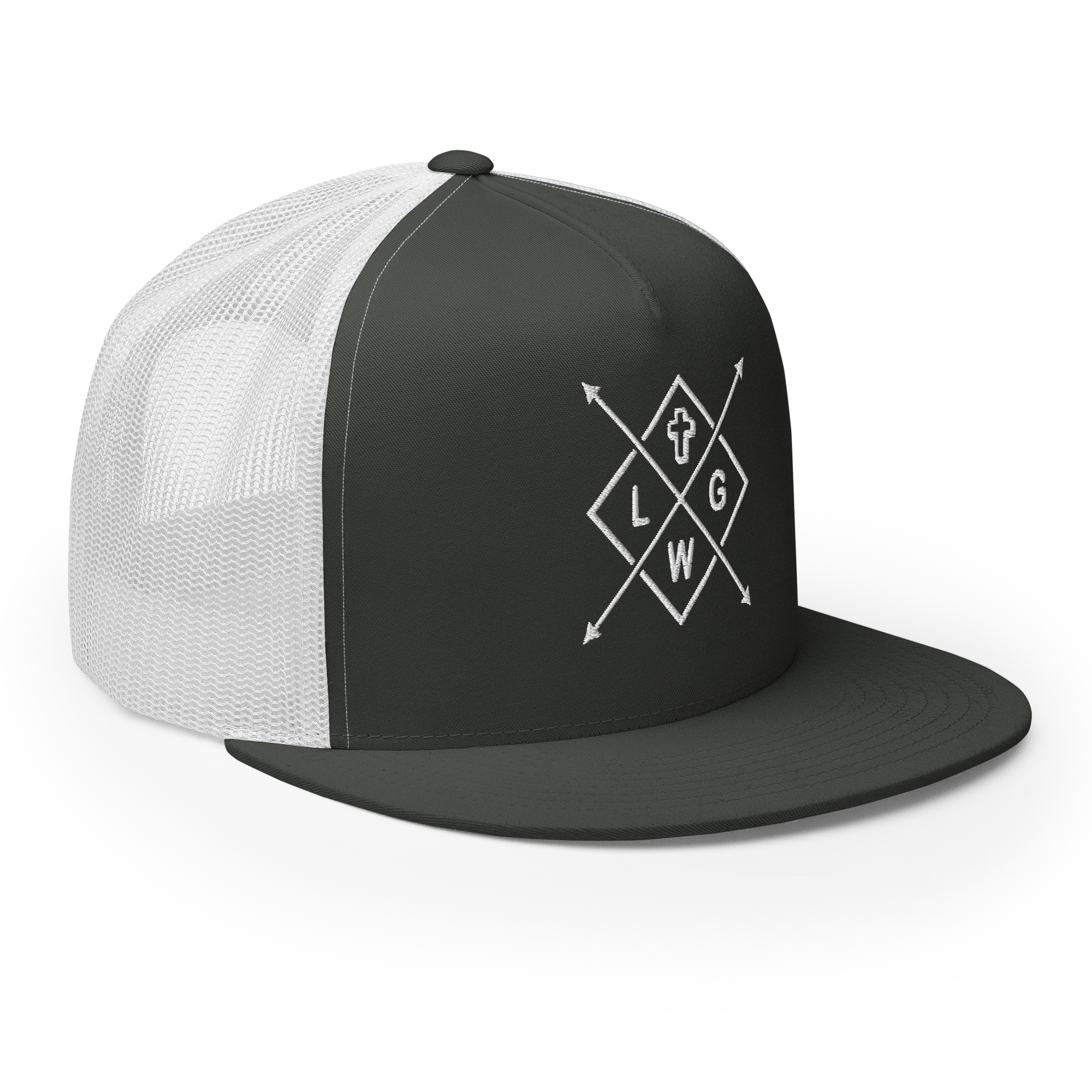 Christian Embroidered Hat in black and white with a modern geometric design and adjustable fit