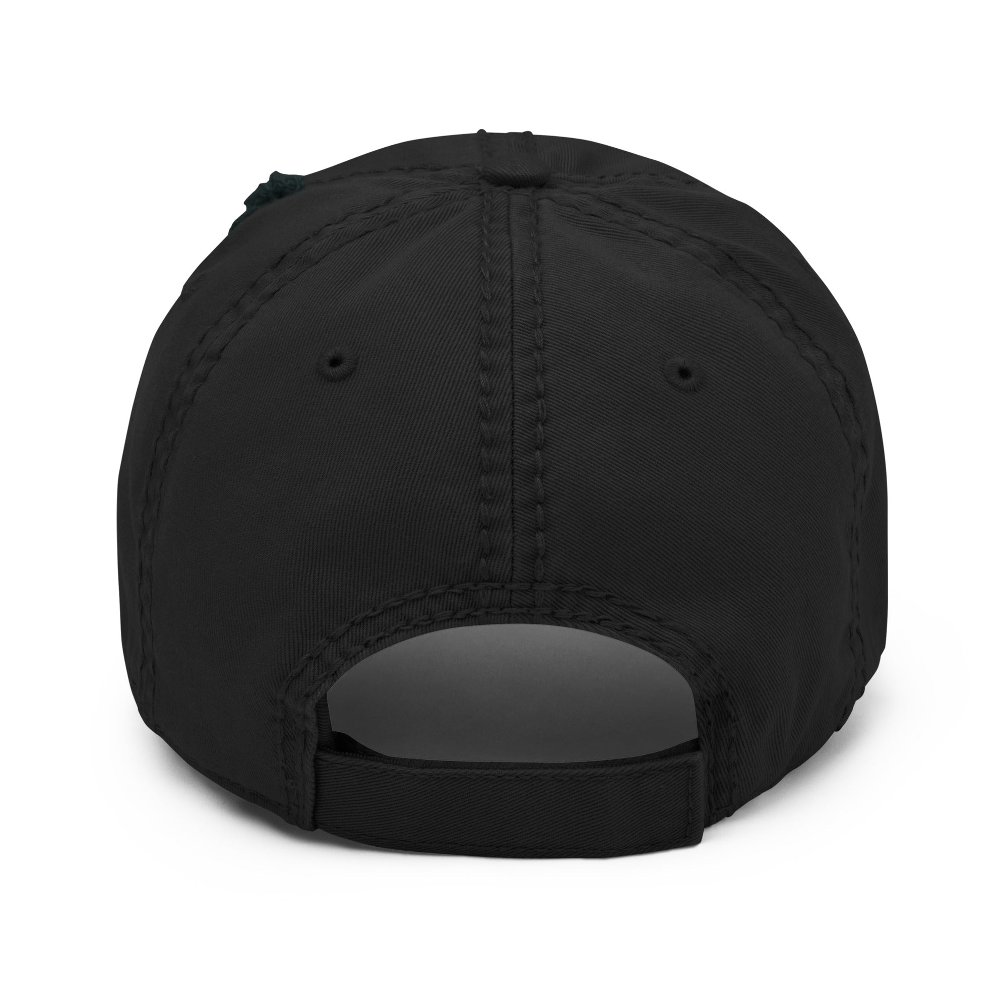 Back view of a black Christian Embroidered Hat featuring adjustable strap for comfortable fit