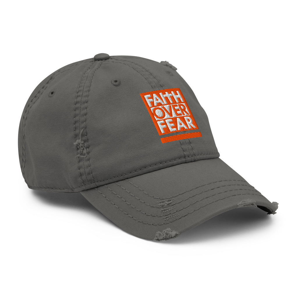 Christian Embroidered Hat in gray with distressed design featuring 'Faith Over Fear' text