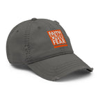 Christian Embroidered Hat in gray with distressed design featuring 'Faith Over Fear' text