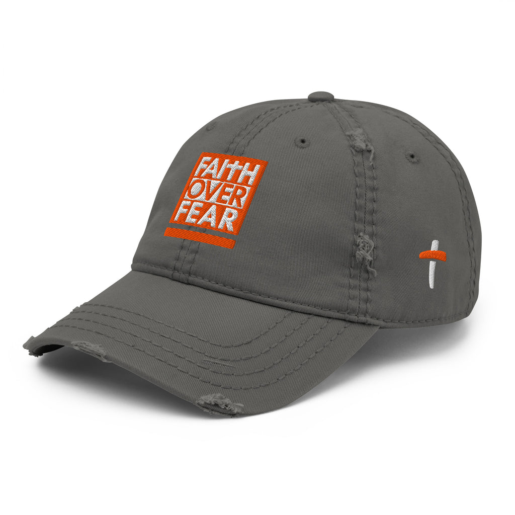 Christian Embroidered Hat in gray featuring Faith Over Fear design with a cross