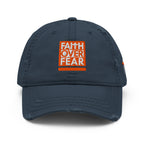 Christian Embroidered Hat in navy blue featuring 'Faith Over Fear' design with a distressed look
