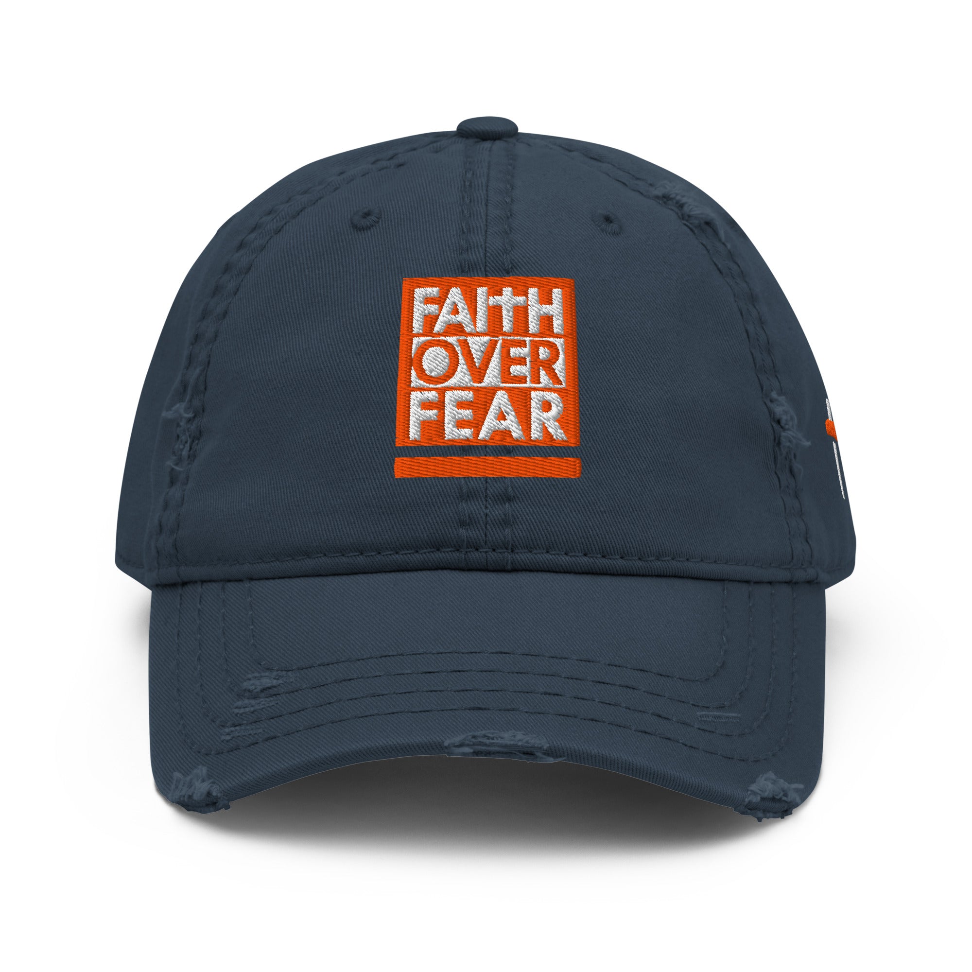 Christian Embroidered Hat in navy blue featuring 'Faith Over Fear' design with a distressed look