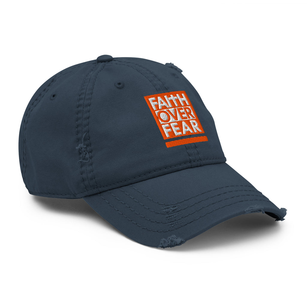 Christian Embroidered Hat in navy blue featuring a Faith Over Fear design for stylish inspiration