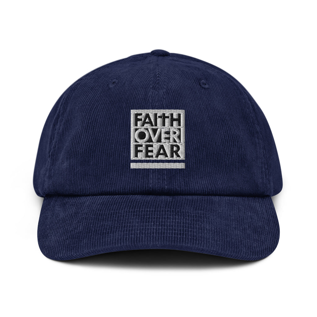 Navy Blue Corduroy Hat with Faith Over Fear Embroidery for Christian Jewelry Enthusiasts