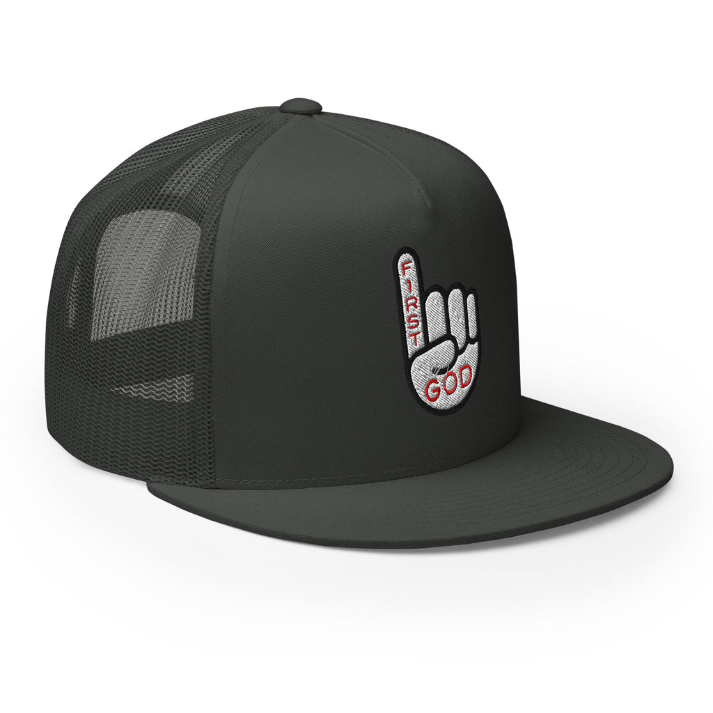 Christian Embroidered Hat with Finger Gesture Design and First God Text in Stylish Black