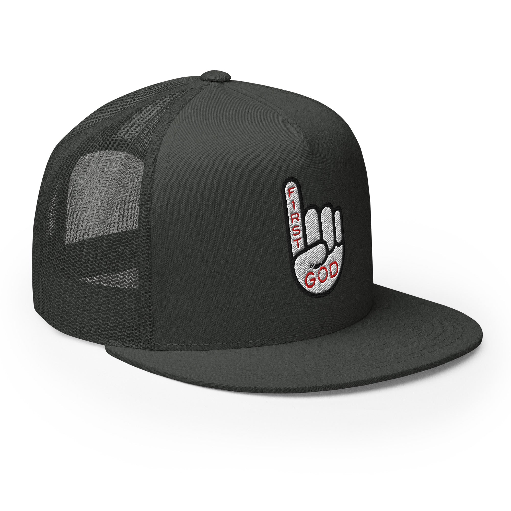 Christian Embroidered Hat with Finger Gesture Design and First God Text in Stylish Black