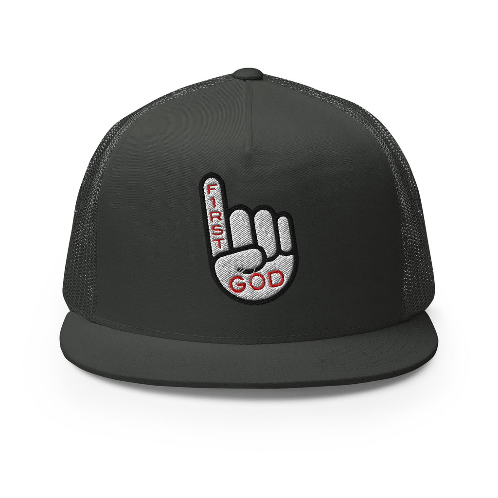 Christian Embroidered Hat with a finger pointing up and text 'First God' in vibrant embroidery