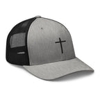 Christian Embroidered Hat in gray with a black mesh back and a simple cross design
