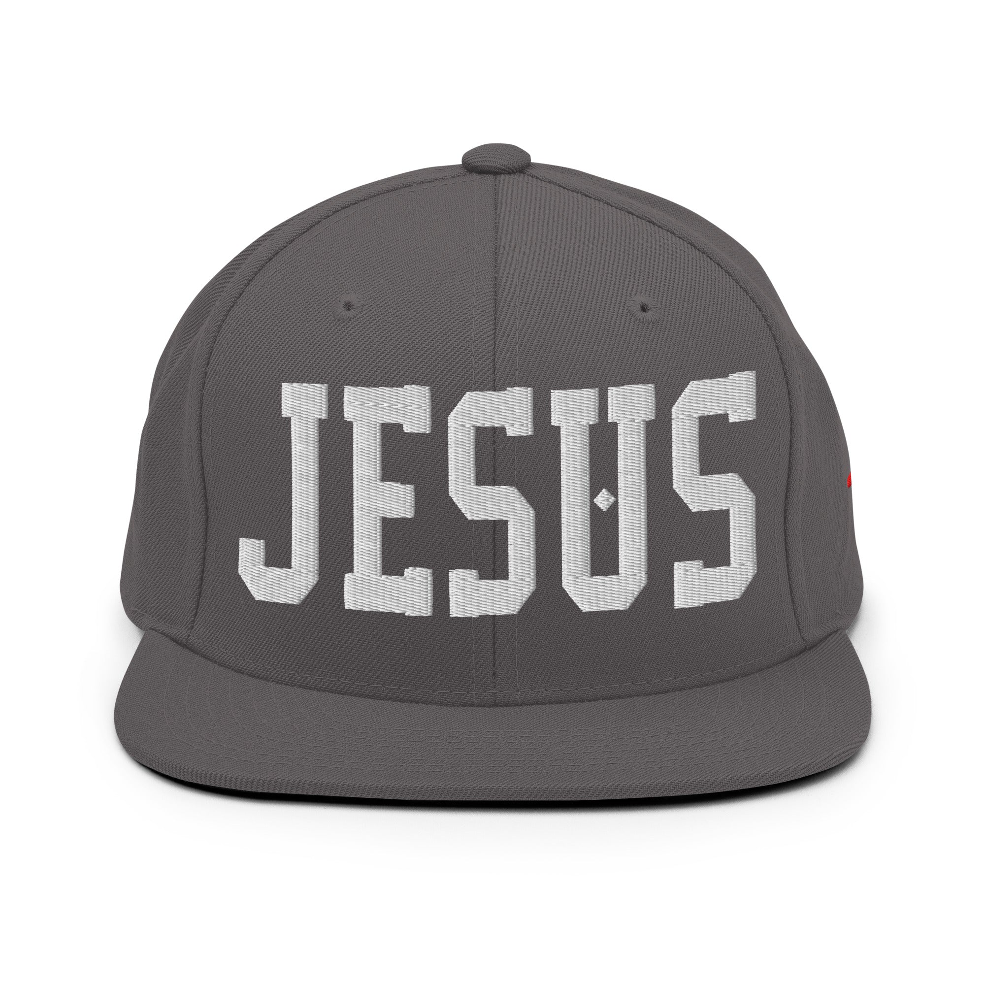 Gray Christian Embroidered Hat featuring bold 'JESUS' lettering on the front