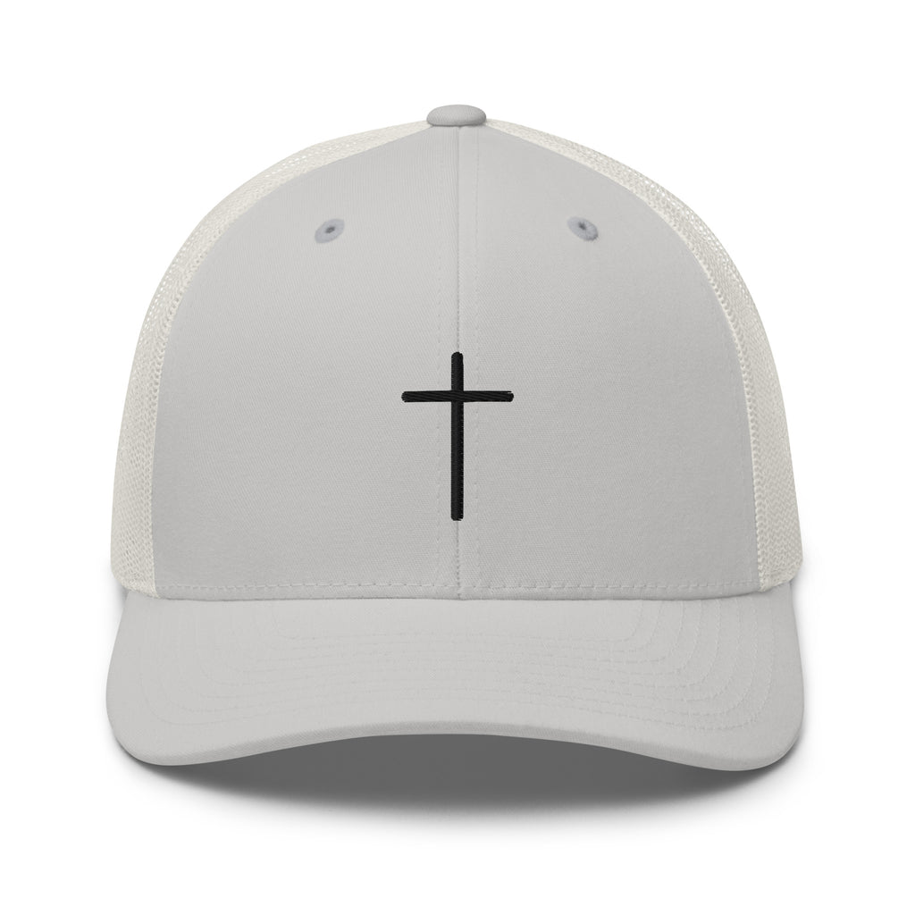 Christian Embroidered Hat featuring a simple black cross design on a light gray cap