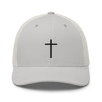 Christian Embroidered Hat featuring a simple black cross design on a light gray cap