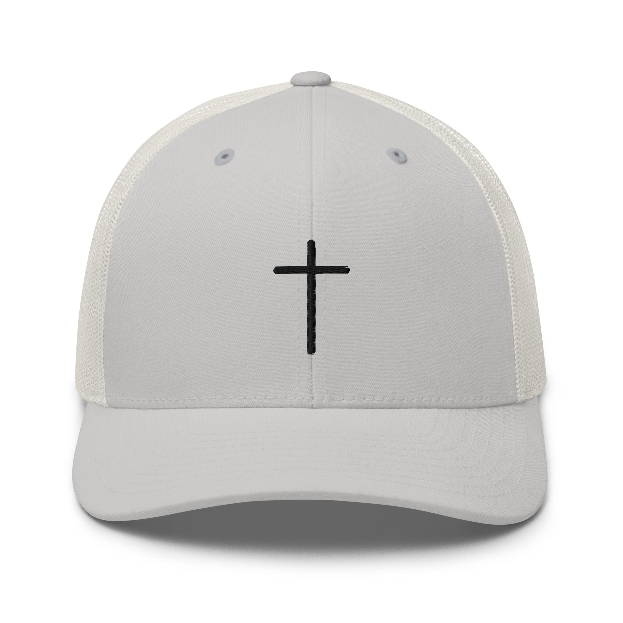 Christian Embroidered Hat featuring a simple black cross design on a light gray cap