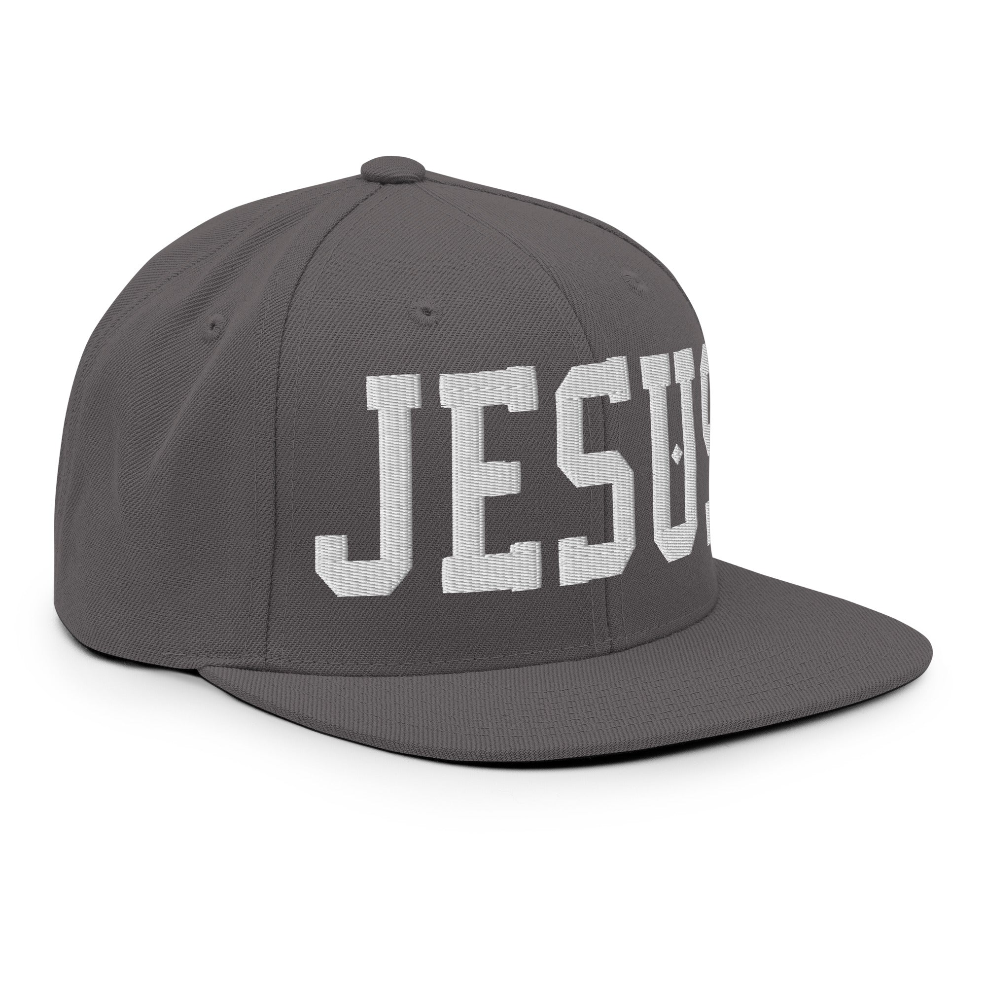 Gray Christian Embroidered Hat featuring bold white lettering that reads JESUS