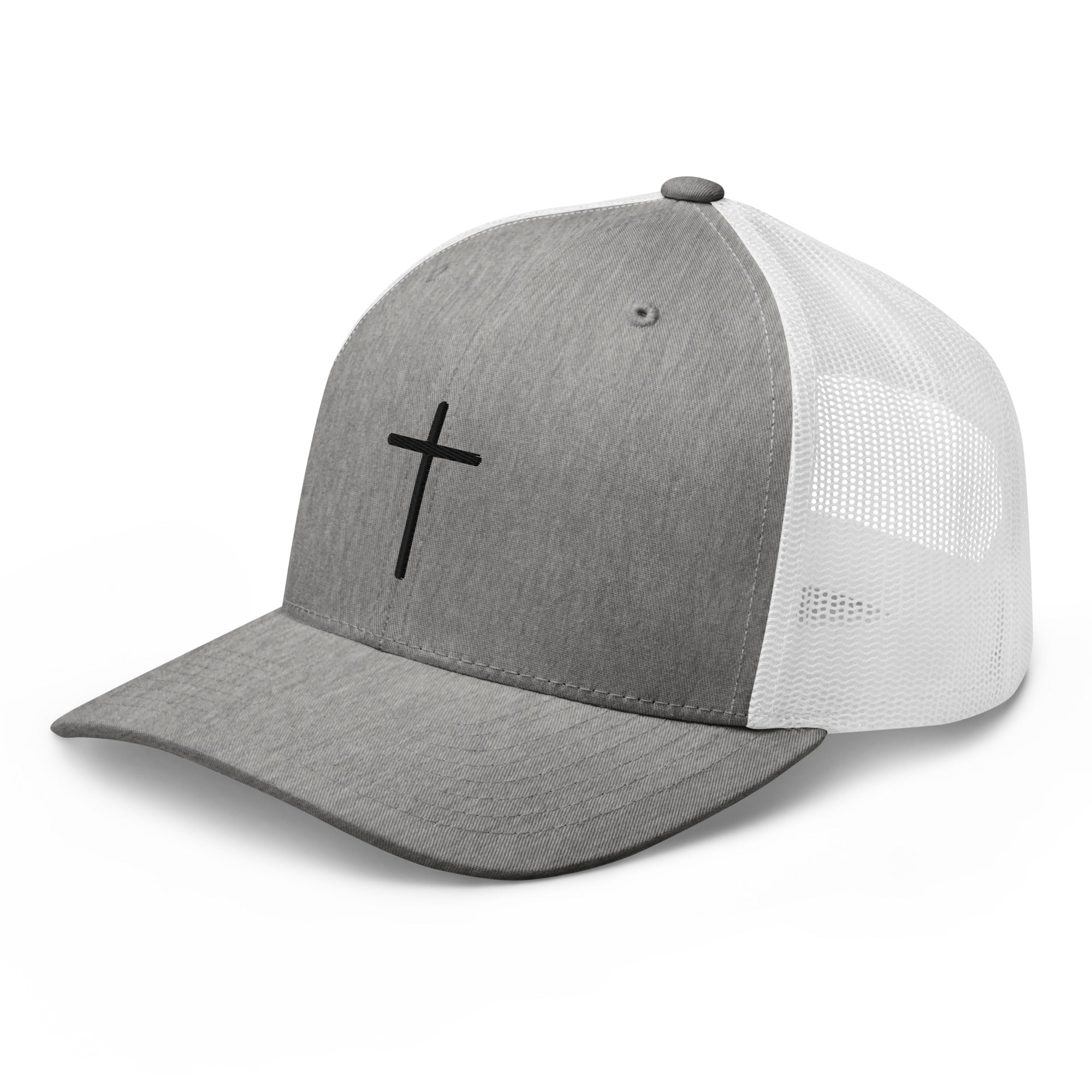 Christian Embroidered Hat in Grey with a Black Cross Design for Faith-Inspired Style