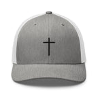 Christian Embroidered Hat in gray with a black cross design on the front panel