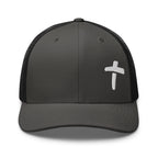 Christian Embroidered Hat in black with a white cross design on the front