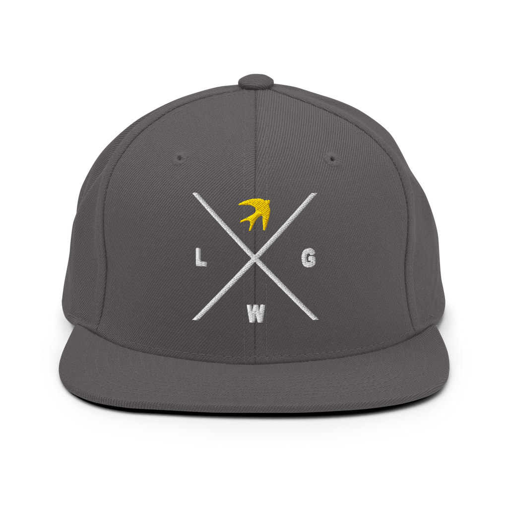 Stylish gray snapback hat featuring a unique design with a bird and letters, perfect for Christian Jewelry fans