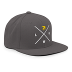 Gray snapback hat featuring a unique logo design, perfect for showcasing your style with Christian Jewelry themes